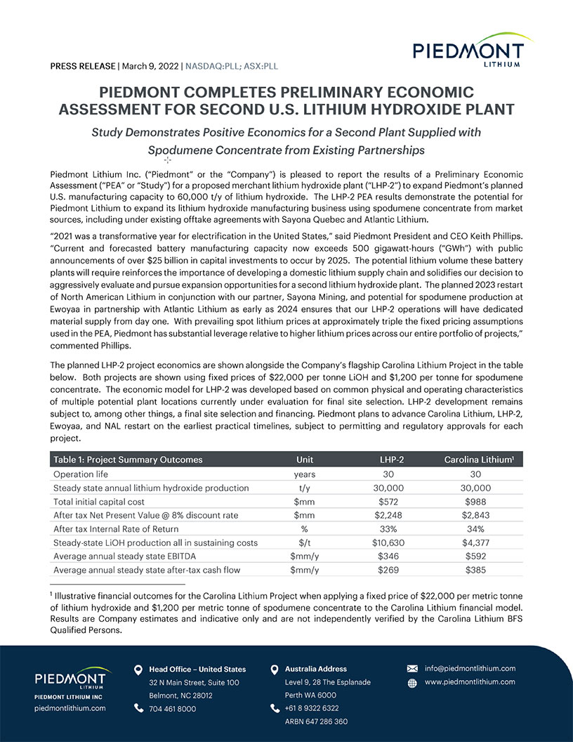Preliminary Economic Assessment for Second U.S. Lithium Hydroxide Plant.