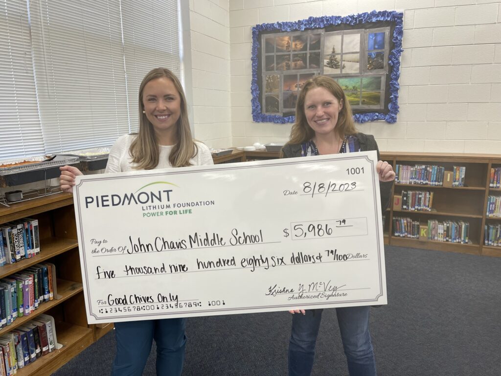 photo of Piedmont Lithium representative presenting a check to group