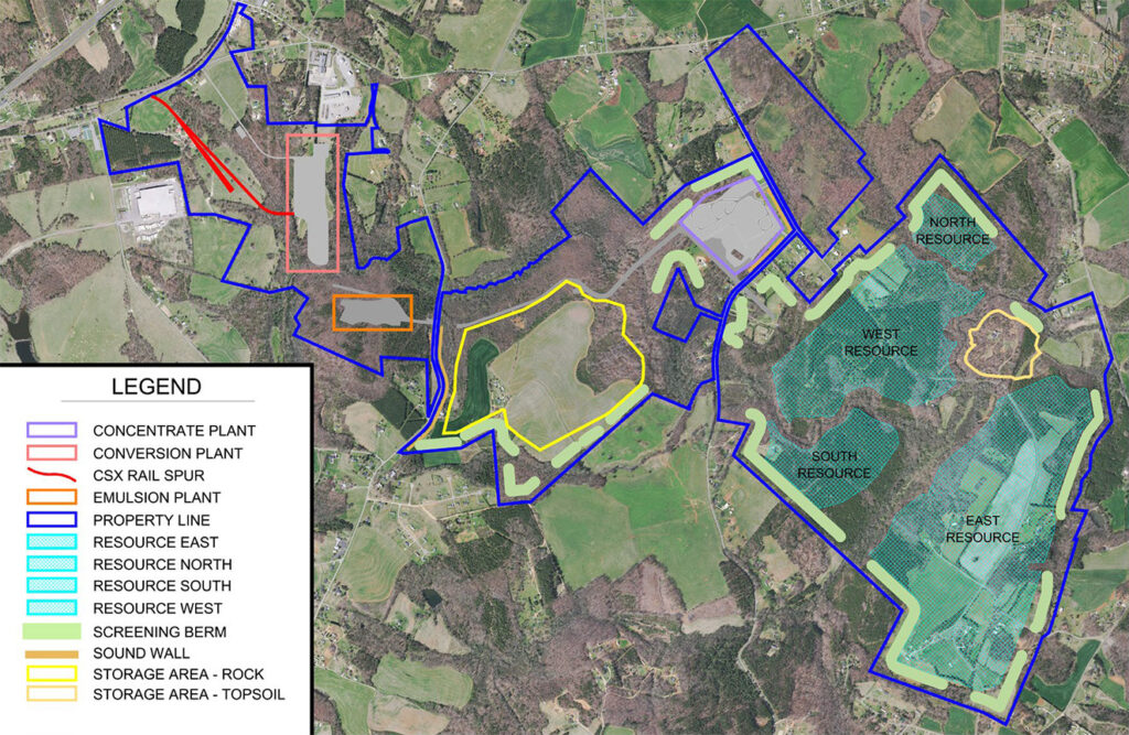 aerial map showing outlines around the Carolina Lithium project land