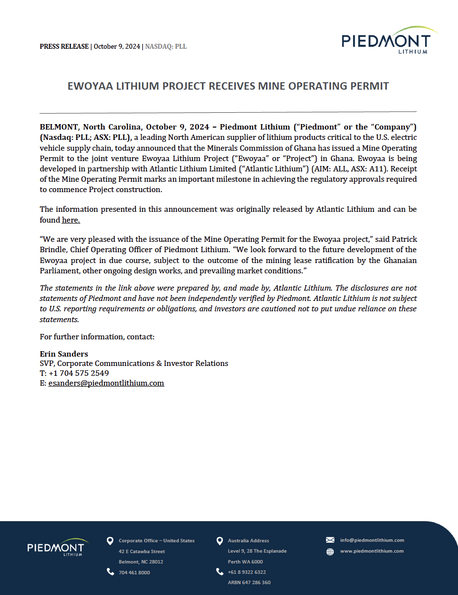 EWOYAA LITHIUM PROJECT RECEIVES MINE OPERATING PERMIT - press release icon