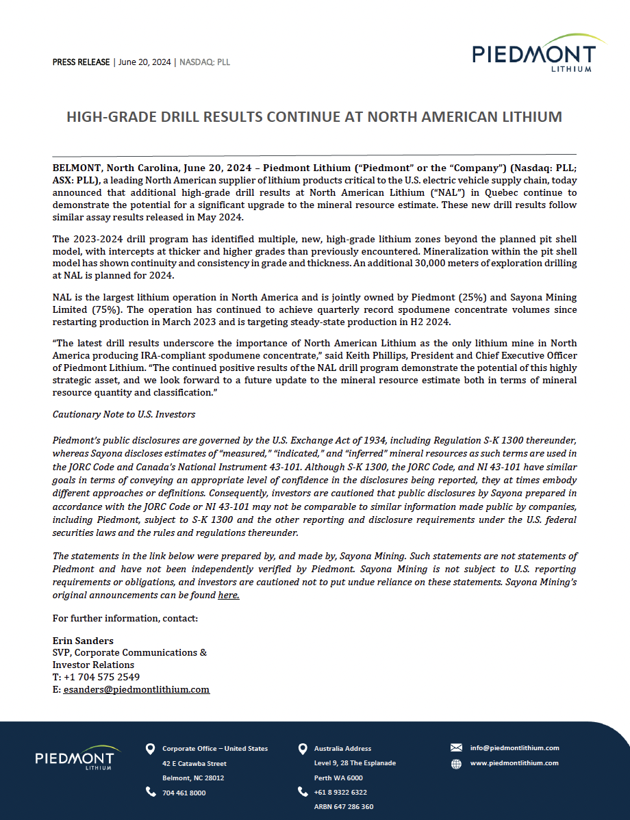 image of first page for High-Grade Drill Results Continue at North American Lithium Press Release