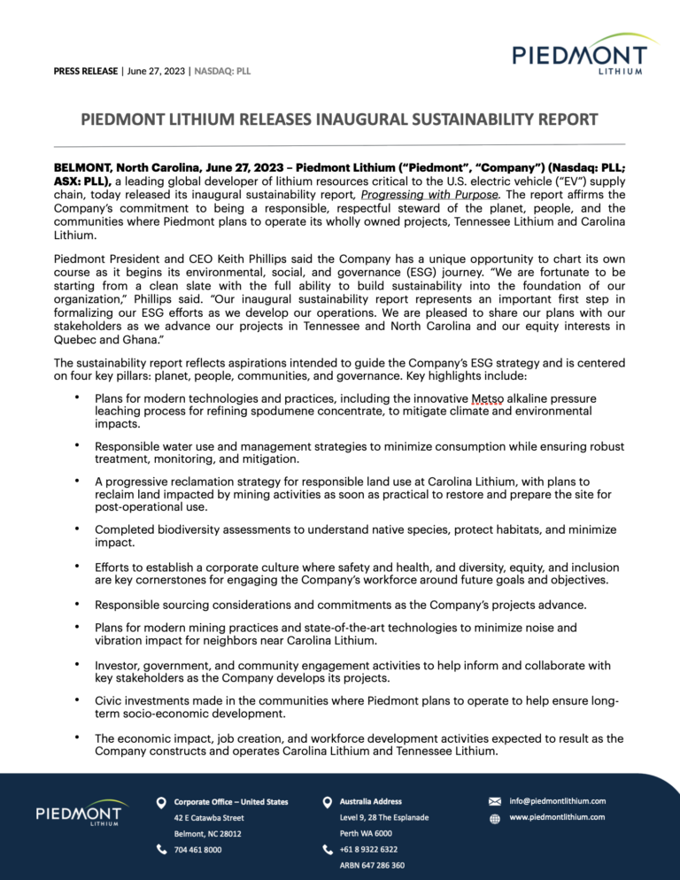 Piedmont Lithium Releases Inaugural Sustainability Report - Piedmont ...