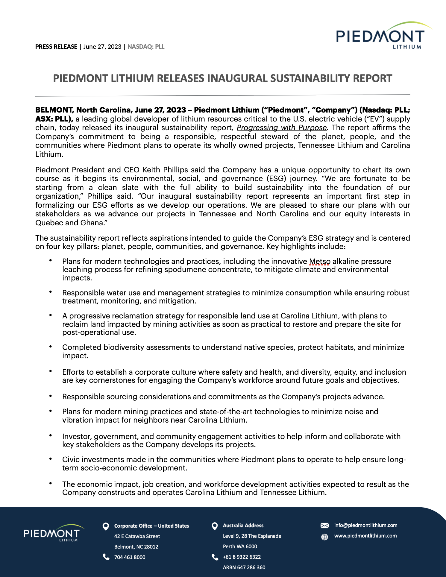 Piedmont Lithium Releases Inaugural Sustainability Report