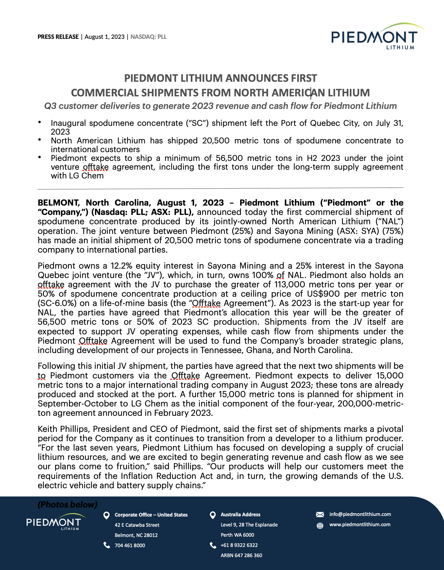 cover page for PIEDMONT LITHIUM ANNOUNCES FIRST COMMERCIAL SHIPMENTS FROM NORTH AMERICAN LITHIUM