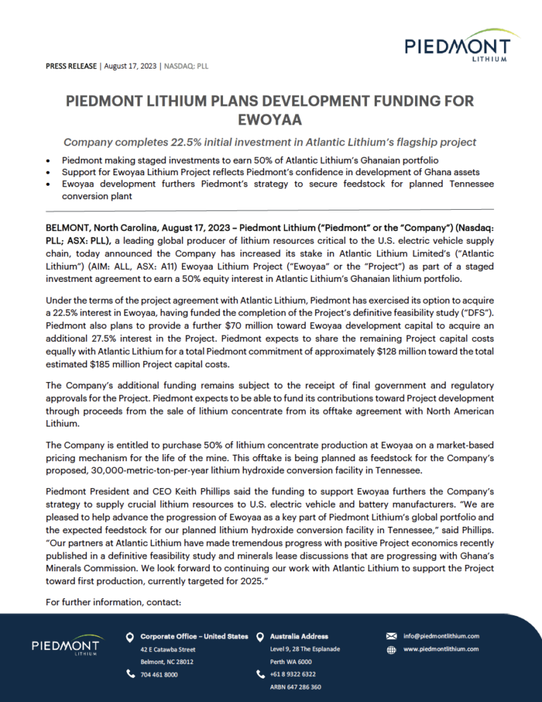 Piedmont Lithium Plans Development Funding For Ewoyaa - Piedmont Lithium