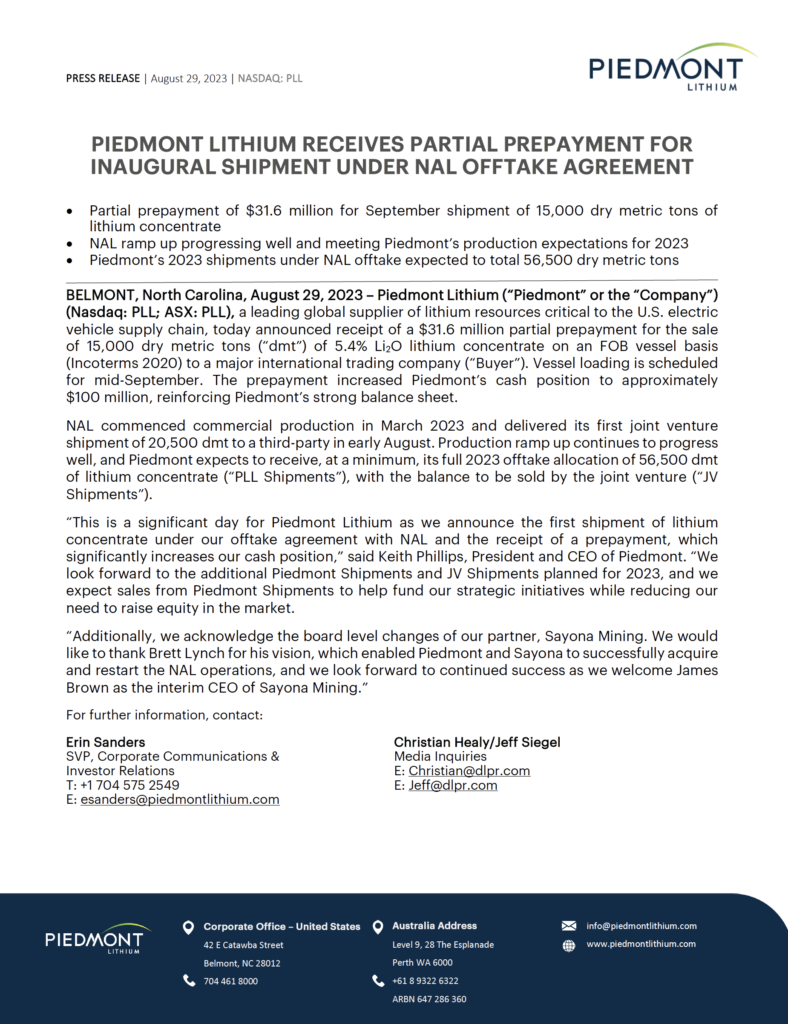 Piedmont Lithium Receives Partial Prepayment For Inaugural Shipment ...