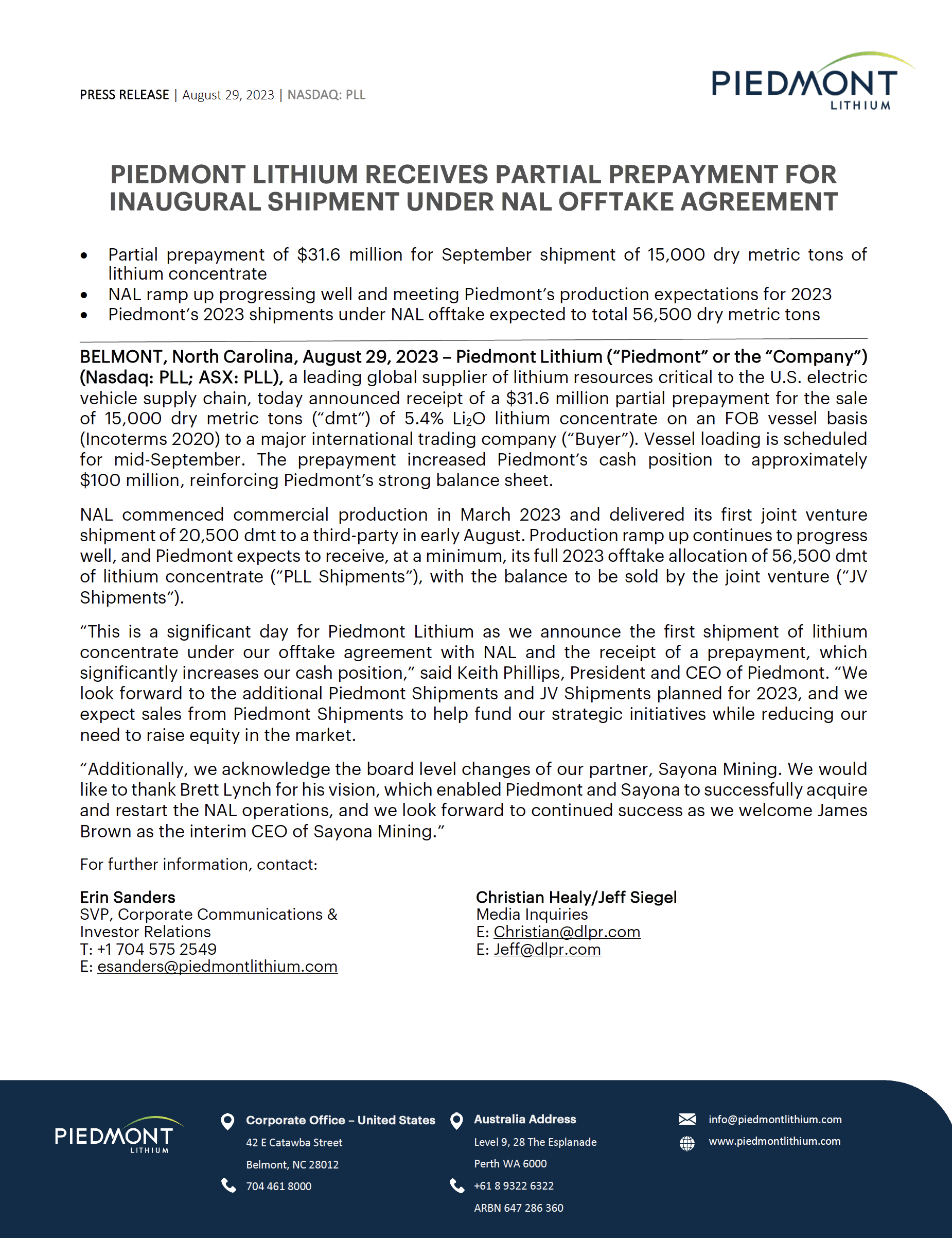 screenshot of first page of press release